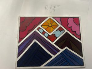 a geometric painting that consists of 8 similarly sized shapes, configured together they resemble a simplified illustration of a mountain and sunset